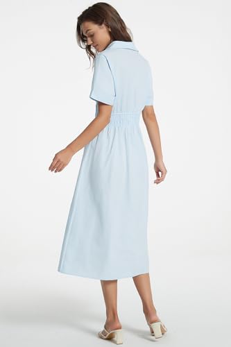 Image of Ladyful Women Casual Button Down Short Sleeve Shirt Dress Tie Waist Midi Shirt Dress Elegant Business Party