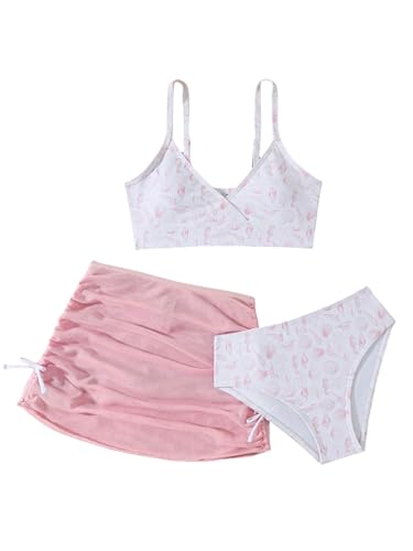 Image of COZYEASE Girls' 3 Piece Set Floral Print Bikini Swimsuit with Drawstring Beach Skirt Cute Ruched Bathing Suit