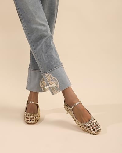 Woven Mesh Ballet Flats for Women with Metal Buckle Strap Ballerina Flat Shoes Comfortable Round Toe Mary Jane Flat.