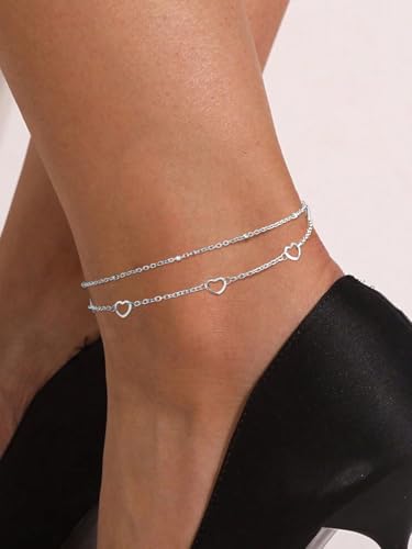 Image of FindChic Black /Silver /Gold Plated Anklets Set of 2PCS /3PCS Herringbone Chain Cuban Link Heart Charm Sparkling Tennis Ankle Bracelets, Waterproof Summer Foot Jewelry for Beach