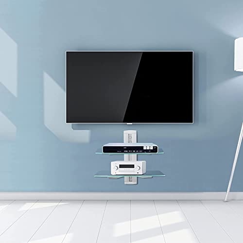 Image of suptek Glass Floating Shelves, TV Wall Mount with Shelf for DVD Player / PS4 / Cable Boxes /Game Consoles /Sky Box /TV Accessories, Media Shelf, Flat Black Wall Mount Bracket, AV Shelf, 2 Tiers Shelves