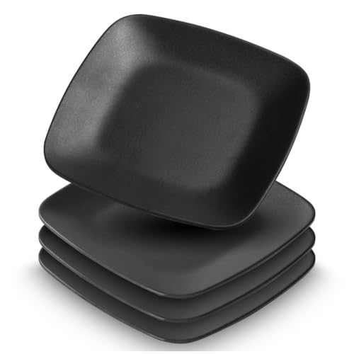 Umllpet Lot de 4 assiettes de service en grès noires, assiettes à dessert rectangulaires, noires mates, passent au lave-vaisselle, assiettes à dessert...
