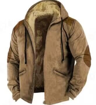 Long Sleeve Sherpa Hooded Jacket for Men Vintage Casual Long Sleeve Fleece Lined Oversized Jacket Coats with Pockets