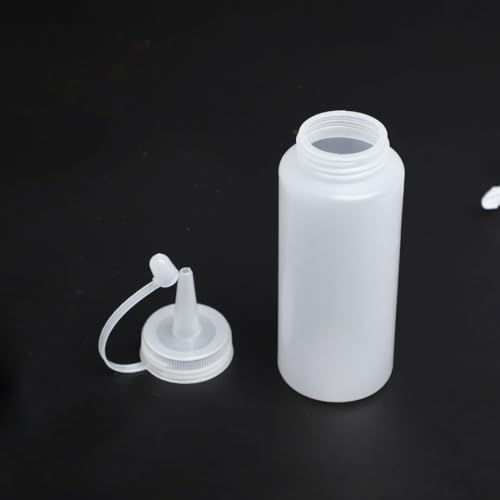 Image of Plastic Condiment Squeeze Bottle Ketchup Mustard Honey Sauce Dispenser Bottle with Twist On Cap Lids and Discrete Measurements - 200 ML (White, Pack of 2)