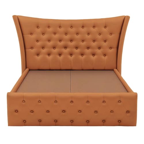 Image of HITHOS Upholstered Queen Size Bed with Box Storage Solid Wood Double Bed Cot Bed Palang for Living Room Home Bedroom Furniture (Tan Brown) 1 Year Warranty
