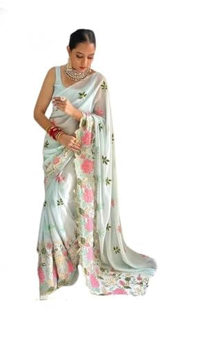 Sari indien georgette brodé Bollywood : ajustement parfait grâce au chemisier sur mesure