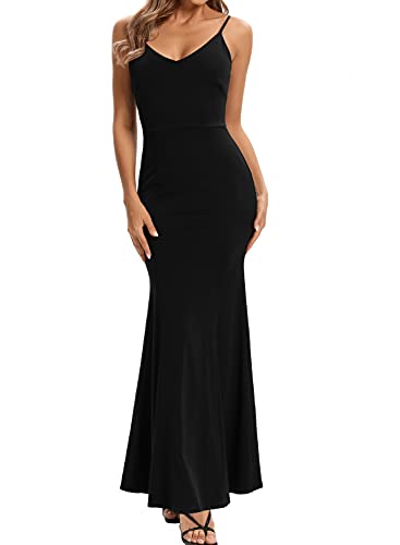 Womens Black Spaghetti Strap Long Mermaid Evening Formal Wedding Guest Dresses M #TOP1