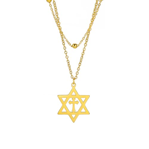 UNIFT Davidstern-Halskette für Damen, Edelstahl, klassischer jüdischer Sechseck-Anhänger mit Kreuz-Halsketten, Isael-Schmuck, religiöses Amulett (Gold 6)