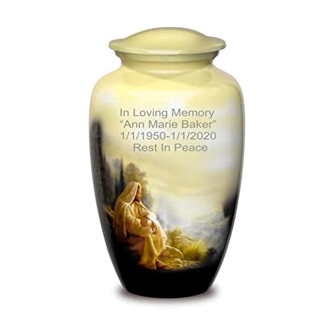 Forever URNS Adult Cremation Funeral Customized Urn with Jesus Sitting Pictured Theme for Human Ashes of Female & Male | 200 cu in | Large | Multicolor | Handcrafted with Velvet Protection Bag Cover