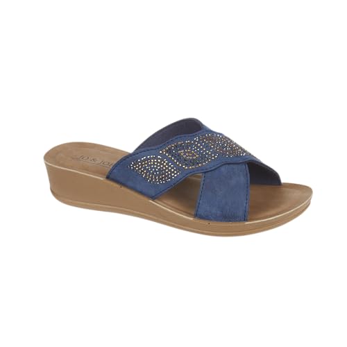 Image of Jo & Joe Empress Women's Slip-On Wedge Sandal Mules with Diamante Detail, Faux Leather, Adult (Navy, UK Footwear Size System, Adult, Women, Numeric, Medium, 6)