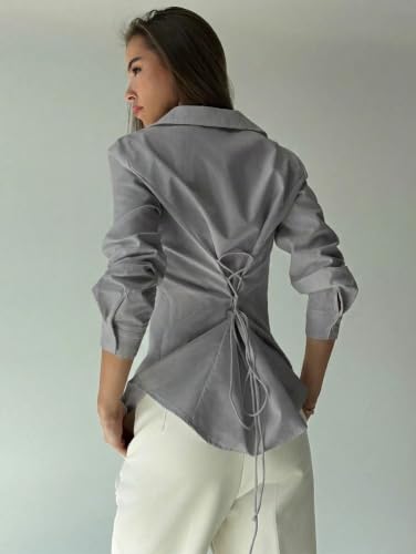 Image of OOMPH! Women Solid Cotton Shirt with Back Tie-Up Detail | Corset Style | Cinched Waist Shirt | Cotton Formal Shirt