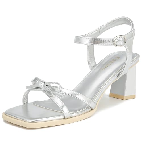 Image of rsxses High Heels for Women Bow Block Chunky Heels Square Open Toe Sandals Wedding Dress Party Strappy Heels
