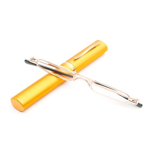 KoKoBin Mini Slim Reading Glasses Spring Hinge Metal Reading Aid Unisex with Case (Gold, +2.5), +2.50