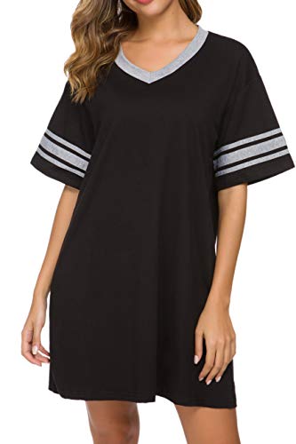 Vslarh Women's Nightgown, Cotton Sleep Shirt V Neck Nightshirts Short Sleeve Loose Comfy Pajamas Dress Casual Sleepwear (Black, Medium) #TOP25