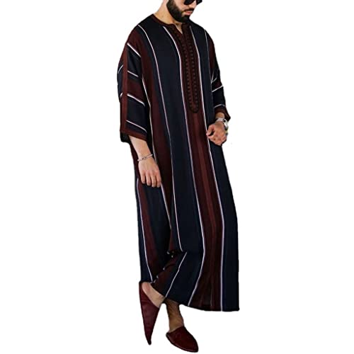 SXLLZSLC Männer Langarm Kaftan-Robe Runder V-Ausschnitt Langes Kleid Muslimische Dubai Roben Bettwäsche Aus Baumwolle Islamisches Abaya-Kleid (Color : Black, Size : 3XL)