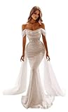 Off The Shoulder Glitter Sequin Wedding Dresses for Women Mermaid Ruffle Long Wedding Ball Gown with Train Ivory US16 Plus