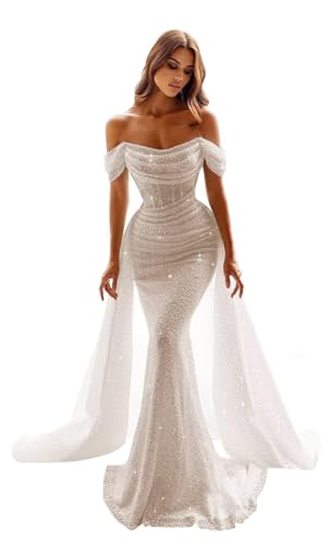 Off The Shoulder Glitter Sequin Wedding Dresses for Women Mermaid Ruffle Long Wedding Ball Gown with Train Ivory US16 Plus