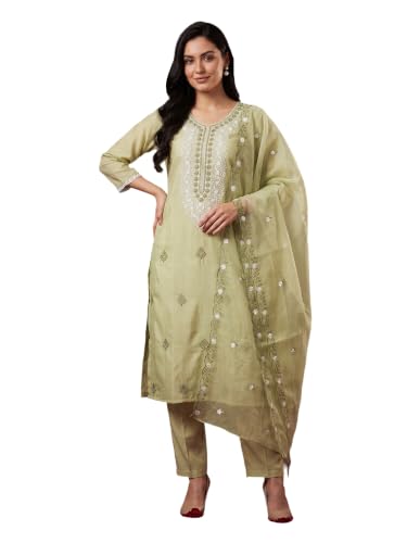 Image of INDO ERA Women's Silk Blend Embroidered Thread Work Kurta & Pant with Dupatta Set | Suit Set For Women