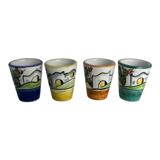 Hand-Painted Italian Ceramic Glasses – Set of 4, 1.2 oz Limoncello or Espresso Cups with House and Cactus Design, Made in Italy, Artisan Shot Glasses for Drinks and Desserts