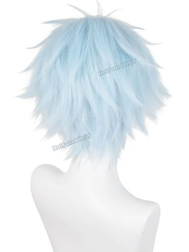 Image of Half and Half Short Light Blue Anime Cosplay Wig with Bangs for Men Sky Blue Male Game Wigs White Blue Spiky Layered Wigs for Women Unisex Halloween Party Costumes