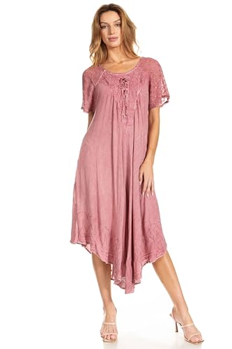 Image of Sakkas Egan Long Embroidered Caftan Dress /Cover Up with Embroidered Cap Sleeves