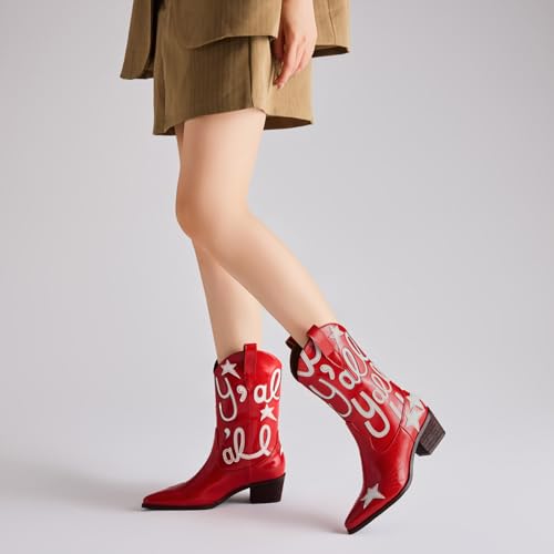 Image of Metallic Cowboy boots for Women Embroidered Mid Calf Womens Cowgirl Boots Western Pointed Toe Chunky Heel