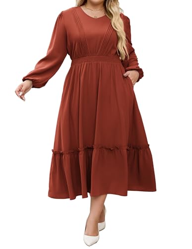 Women Plus Size V Neck Lantern Sleeve High Waist Long