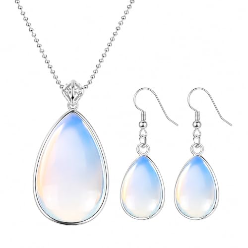 Ladies Matching Jewellery Set - Teardrop Design Necklace Pendant & Drop Earrings - Unique Novelty Jewellery for Women - With Jewellery Gift Box (White Opal)