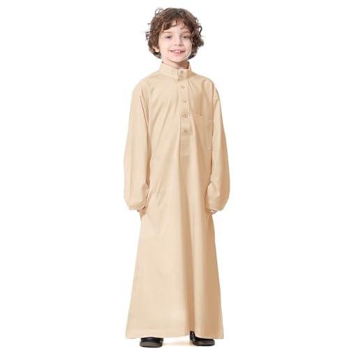 FYMNSI Kids Abaya For Kids Boys Muslim Long Sleeve Maxi Shirts With Pockets Saudi Arab Kaftan Islamic Middle East Robe Thobe Boy Dishdasha Eid Ramadan Outfits Dubai Attire Prayer Clothes Beige 5-6T