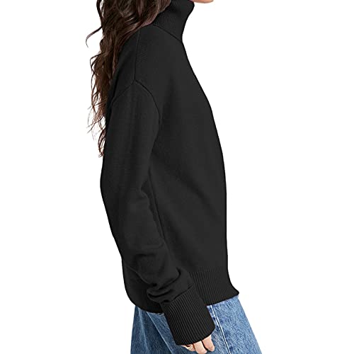 Women Off Shoulder Sexy Knitwear,Autumn And Winter Turtleneck Sweater Pullover Top,Solid Color Knit Crochet Pullover Hoodies,Long Sleeve Tunics For Women(Black,Medium) #TOP2