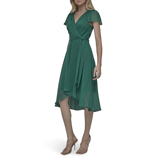 DKNY Women's Flutter Sleeve Surplice Tie Fit & Flare Midi Dress3
