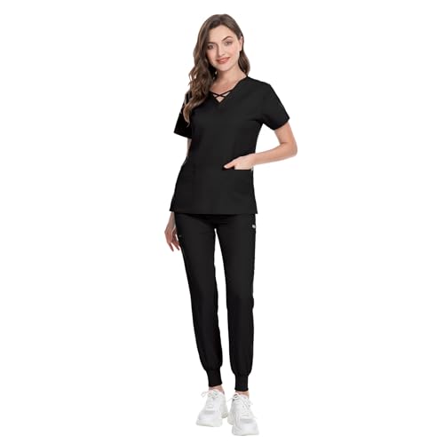 Image of VIAOLI Scrubs for Women Set Modern V-Neck Top & 8 Pocket Jogger Pants Nursing Uniform Solid Stretch Workwear