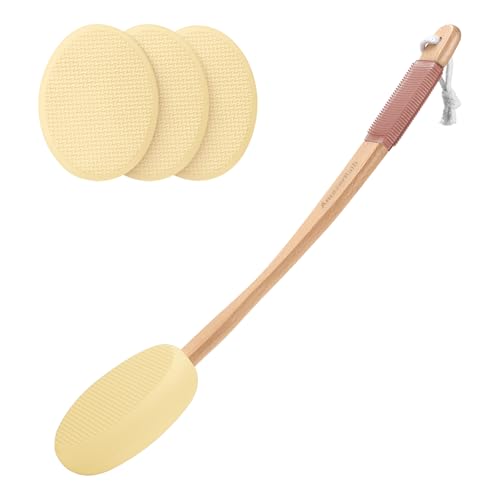 Image of AmazerBath Lotion Applicator for Back, Feet, 4 Replacement Pads with 17 inch Curved Handle, Back Sunscreen Applicator for Kids, Elderly, Apply Skin Cream Medicine Moisturizer Tanner, Light Beige Yellow