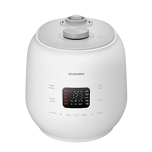 CUCHEN CRS-FWK0640WUS | Automatic Dual Heating Pressure Rice Cooker 6 Cup (Uncooked) (1.14 quarts): 6 person serving / per use | High/Non-Pressure | Triple Power Packing | Easy Open Handle | Stainless Cover | Auto Steam Clean | White