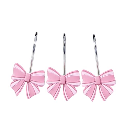 Aldopein 12PCS Cute Bow Decorative Shower Curtain Hooks for Elegant Shabby Chic Pink Shower Curtains Hooks Metal Rustproof Boho Trendy Shower Curtain Rings Bathroom Decoration