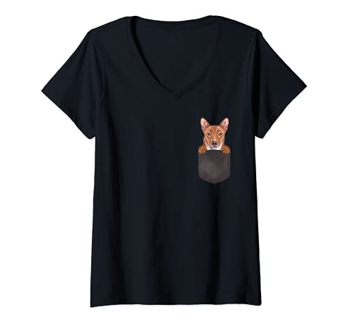 Womens Dog In Pocket Funny Dog Lover Basenji V-Neck T-Shirt, Black