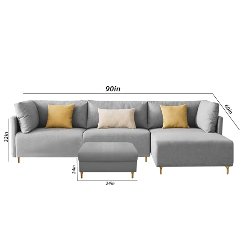 Image of Carina RHS 4 Seater L Shape Sofa Set with Center Table for Living Room (Grey Fabric) Premium Fabric Sofa