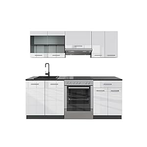 Vicco Complete keukeneenheid “R-Line”, Wit hoogglans/antraciet, 200 cm zonder werkblad