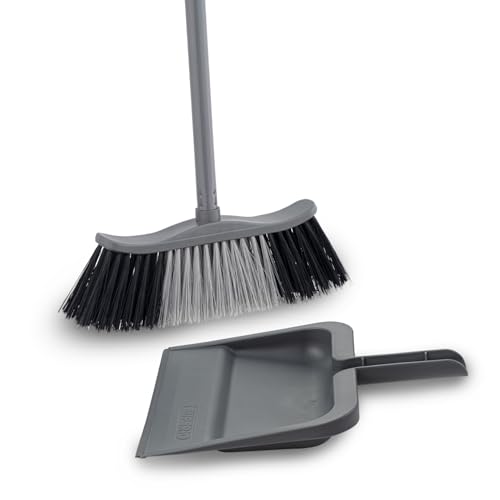 Superio 48" Grey Broom with Clip-On 10" Dustpan - Lightweight, Heavy-Duty Set with Rubber Lip & Comfort Grip for Easy Sweeping on All Floor Types