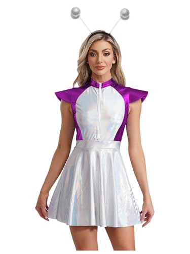 TiaoBug Disfraz Metálico De Alienígena Para Mujer Vestido Corto De Línea A Disfraz De Alien Cosplay De Halloween Canaval Morado 4XL