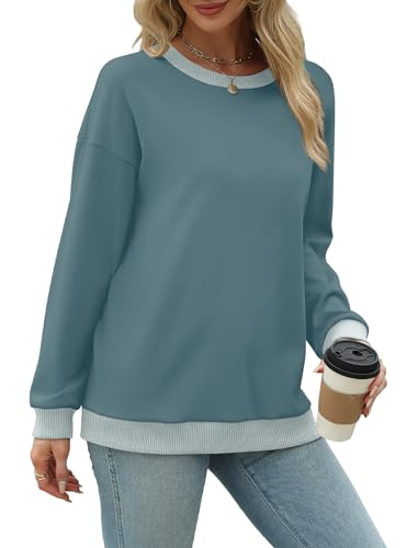 Womens Long Sleeve Shirts Dressy Casual Loose Fit Sweatshirts Crewneck Tops Blue Green S - Thumbnail 3