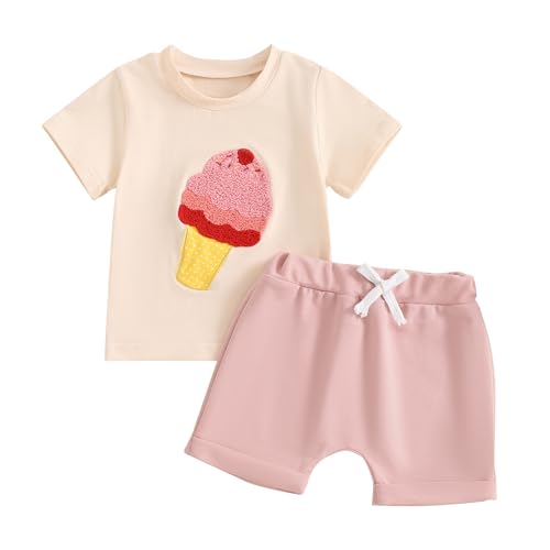 Bonangber Toddler Girl Summer Clothes Girls Summer Outfits Ice Cream Print Short Sleeve T-Shirt Elastic Shorts Set Cute Clothes(A-Pink,2-3T)