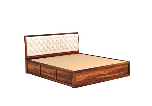 Image of Luxury Upholstered Queen Size Bed with Storage | Soft Fabric Padded Quilted Headboard | Strong Sheesham Wood Frame | Modern Wooden Bed for Bedroom Home & Hotel (Honey Finish, Queen)