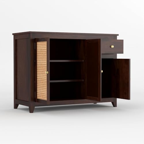 Image of Solid Sheesham Wood Sideboard Cabinet for Living Room | Crockery Cabinet with 2 Rattan Cane Door | Kitchen Display Unit 2 Rattan Cane Doors,1 Door Cabinet & 1 Drawer (Walnut Finish)