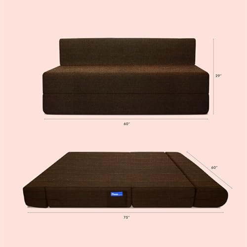 Image of Starlon 3 Seater Sofa Cum Bed Foldable 3-in-1 Sofa Bed with 1 Year Warranty, Washable Jute Fabric Cover & 2 Floral Pillows | Guest Bed | Coffee Brown 5x6.25 Ft
