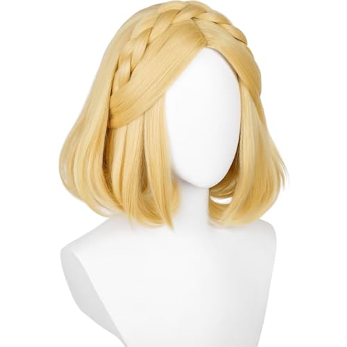 Image of Half and Half Short Blonde Princess Costume Wig Blonde Bob Braided Wigs 13.7'' Synthetic Hair for Halloween Women Party