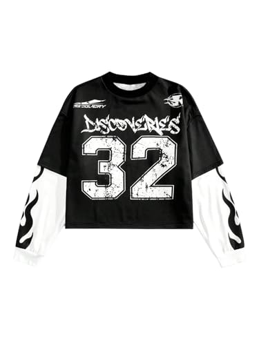 Men's Number Graphic Long Sleeve Shirts Y2K Round Neck 2 in 1 T-Shirts Top