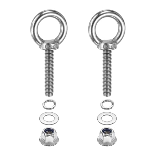 Image of PATIKIL M10 x 50mm Shoulder Eye Bolt, 2 Pcs 304 Stainless Steel Lifting Ring Threaded Eye Bolt with Flange Lock Nuts Spring and Flat Washers for Hanging Tie Down Straps Outdoor Indoor