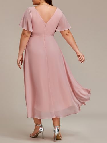 Image of Ever-Pretty Plus Summer Short Sleeves V-Neck Formal Wedding Guest Dresses for Curvy Women Chiffon Midi Cocktail Party Dress