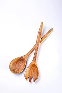 The O-nok Genuine Teak Wood 1 Pair (2 pcs) 30 cm of Wooden Salad Server Tongs Spork Include Spoon and Fork Suit for Mix Toss Salad and Fruits